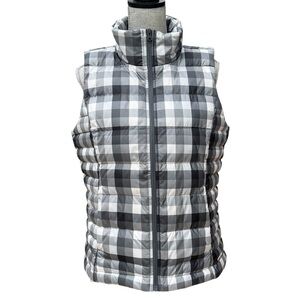Lands End Down Puffer Vest Black White Grey Checkered Plaid 10 12 Large